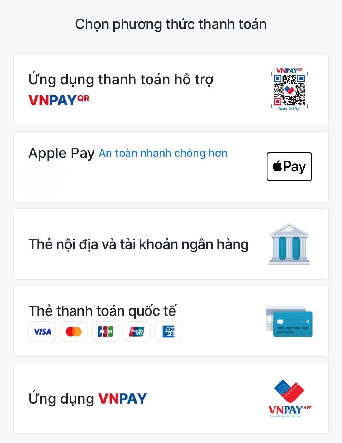 Các phương thức thanh toán qua VNPAY